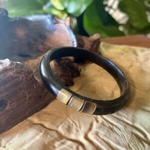 VTG Buffalo Horn Mosaic Inlay Bangle Bracelet Black Brown Cream Boho Minimalist